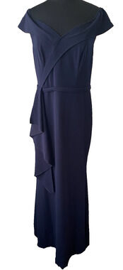 NWT Alisa Pan Ruffled Formal Maxi Dress Womens Size XL Navy Off Shoulder